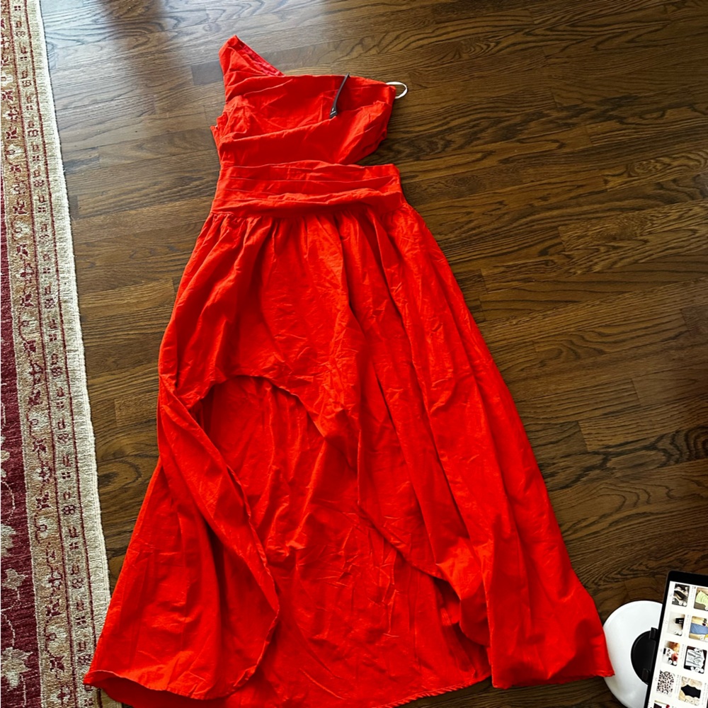 NWT Lulu's Cotton Sunny Persuasion Red Linen Cutout One-Shoulder Midi Dress XL - Picture 2 of 16